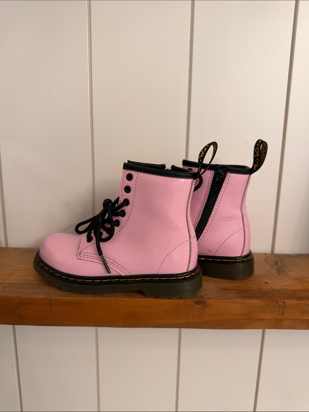 Dr. Martens Pink Patent Ankle Boots with Black Pull Tabs